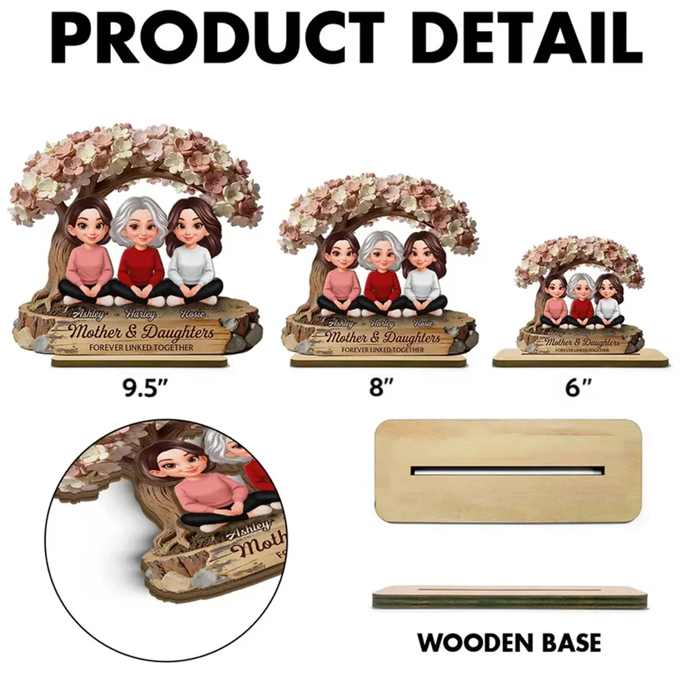 Mother & Daughters Forever Linked Together 2-Layer Wooden Plaque, Personalized Family Keepsake Gift for Mom - Image 4