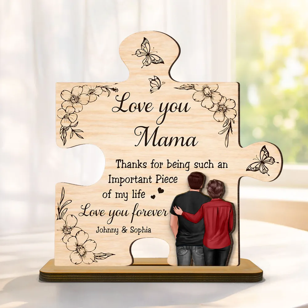 2-Layer Wooden Plaque Puzzle Piece Gift for Mom, Love You Mama Design, Warm Floral Butterfly Decor, Unique Thank You Gift - Image 2