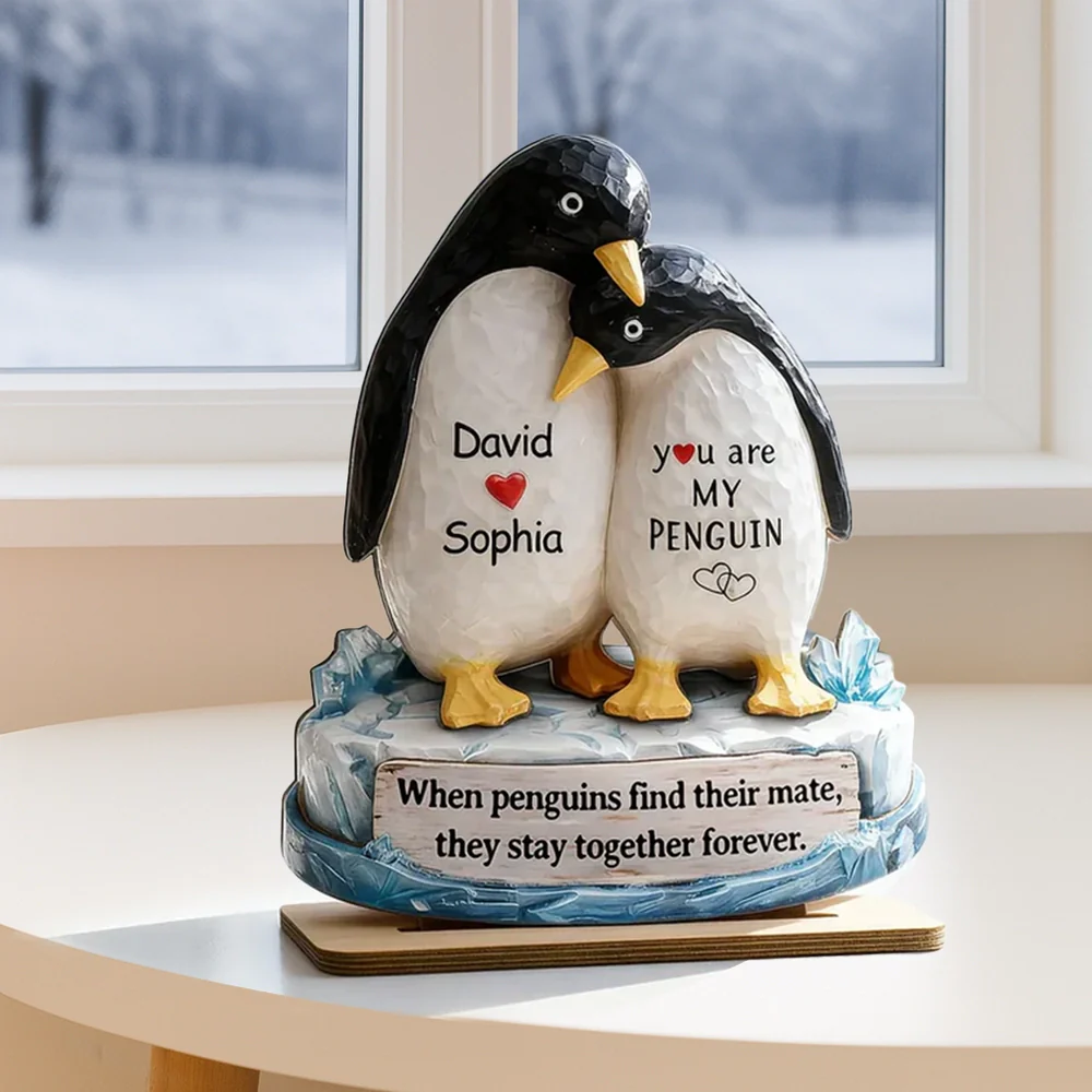You Are My Penguin 2-Layer Wooden Plaque, Custom Names Couple Keepsake for Bedroom or Living Room, Sweet Gift for Couples