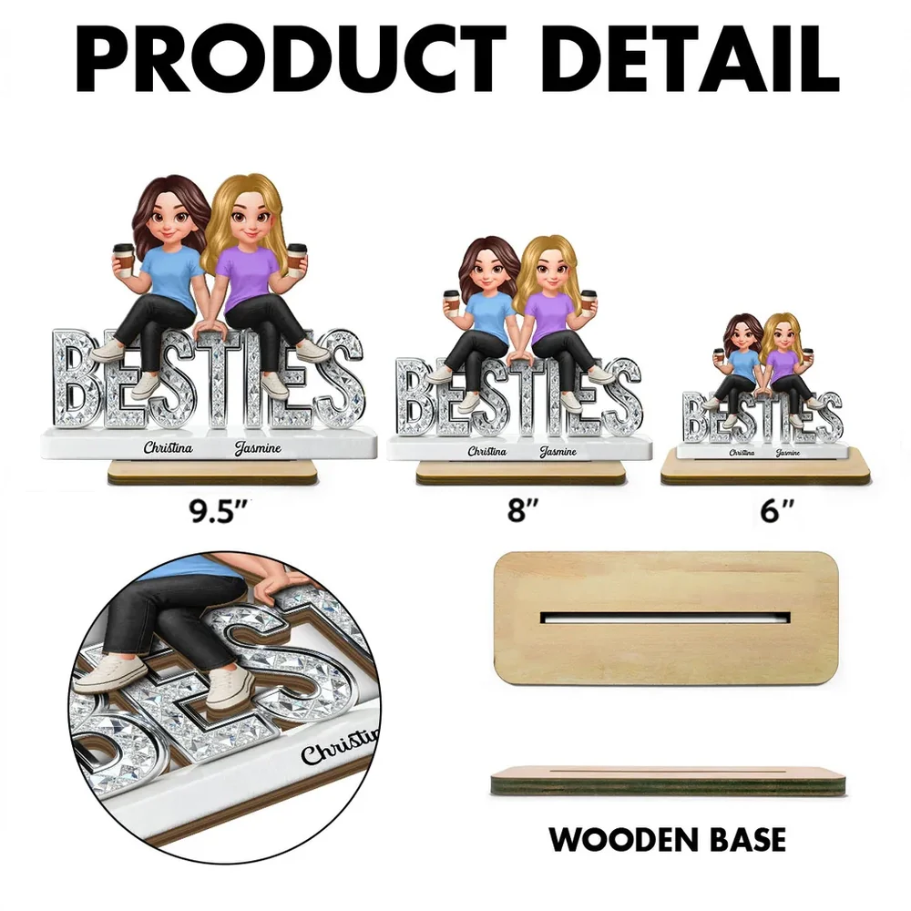 Personalized Besties 2-Layer Wooden Plaque, Cute Cartoon Best Friends Holding Coffee, Unique Gift for Best Friend - Image 4