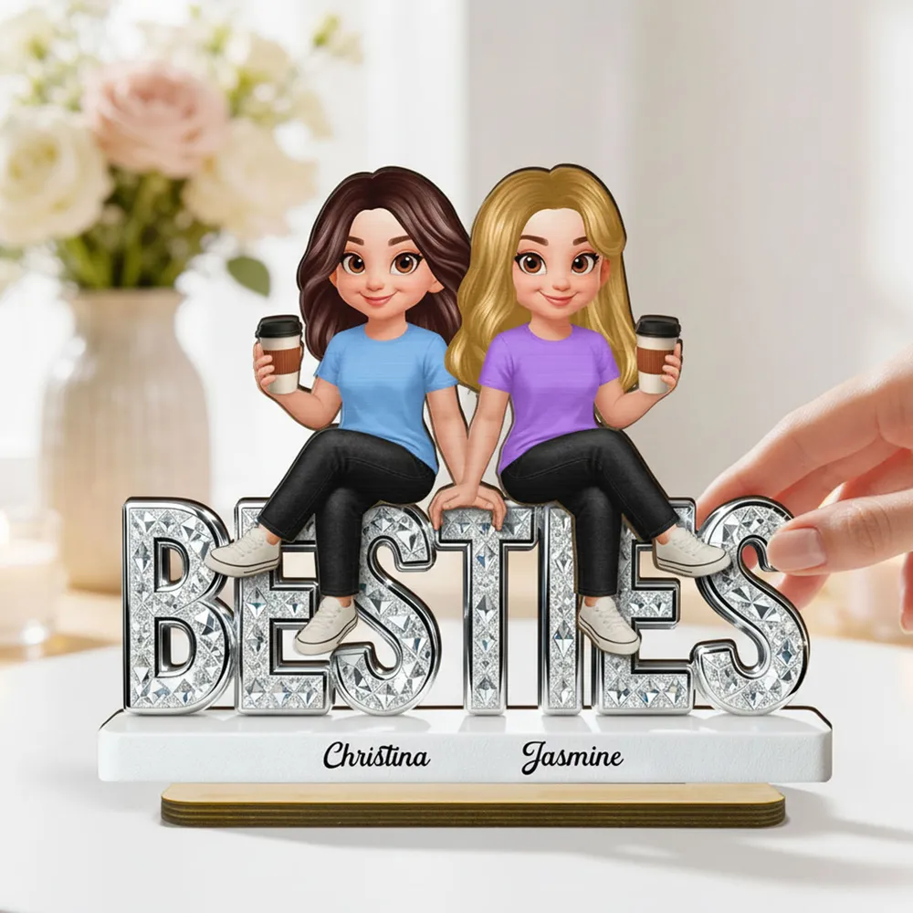 Personalized Besties 2-Layer Wooden Plaque, Cute Cartoon Best Friends Holding Coffee, Unique Gift for Best Friend - Image 5