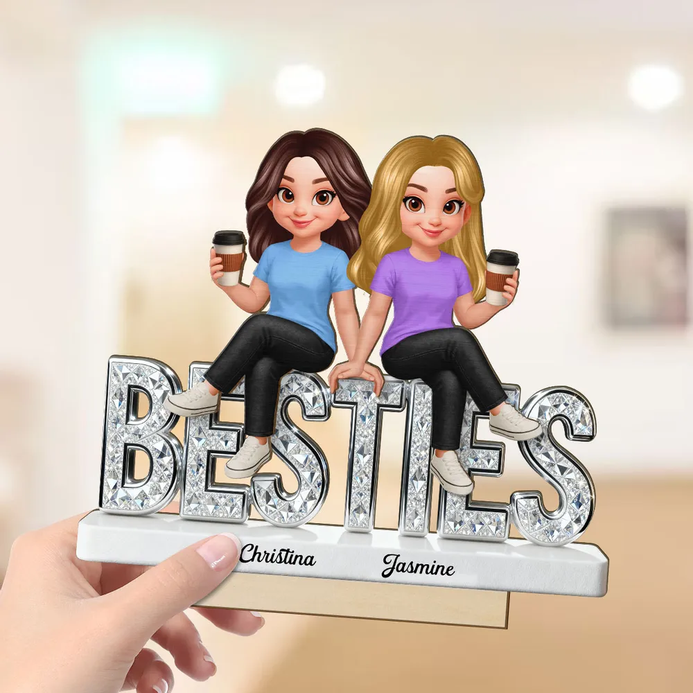 Personalized Besties 2-Layer Wooden Plaque, Cute Cartoon Best Friends Holding Coffee, Unique Gift for Best Friend - Image 6