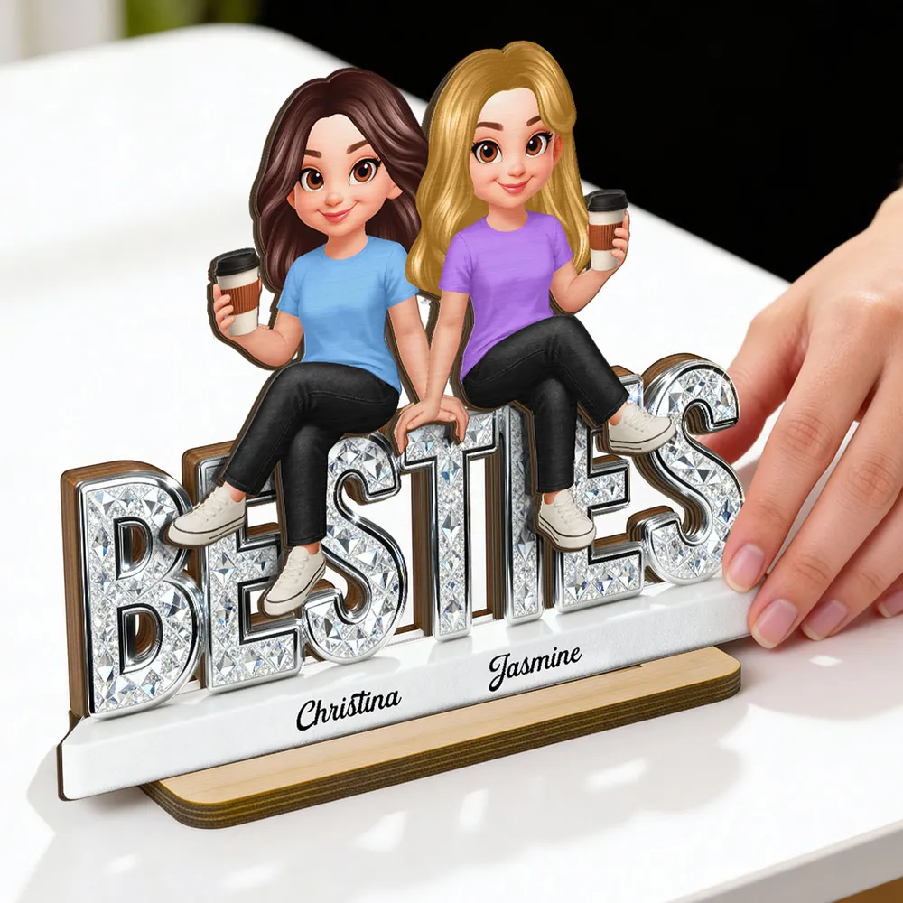 Personalized Besties 2-Layer Wooden Plaque, Cute Cartoon Best Friends Holding Coffee, Unique Gift for Best Friend - Image 7