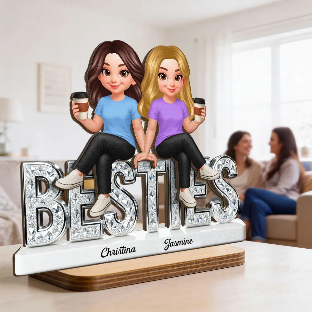 Personalized Besties 2-Layer Wooden Plaque, Cute Cartoon Best Friends Holding Coffee, Unique Gift for Best Friend - Image 9