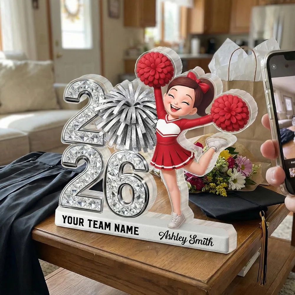 Shaped Acrylic Block Plaque With Cheerleader and Pom Poms Desk Decor, A Sweet Personalized Keepsake Gift - Image 2