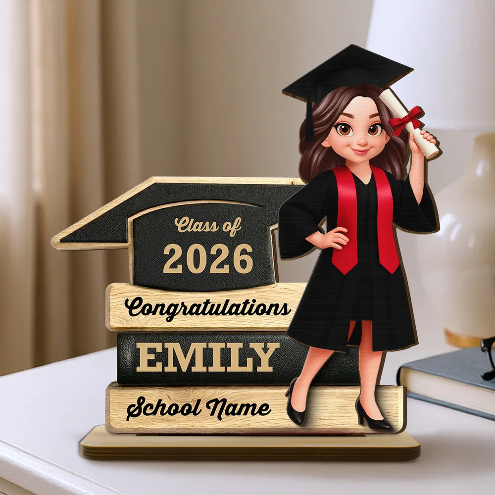 Personalized Graduation 2-Layer Wooden Plaque, Cartoon Grad Holding Diploma, Warm Wood Look, Unique Creative Gift - Image 2
