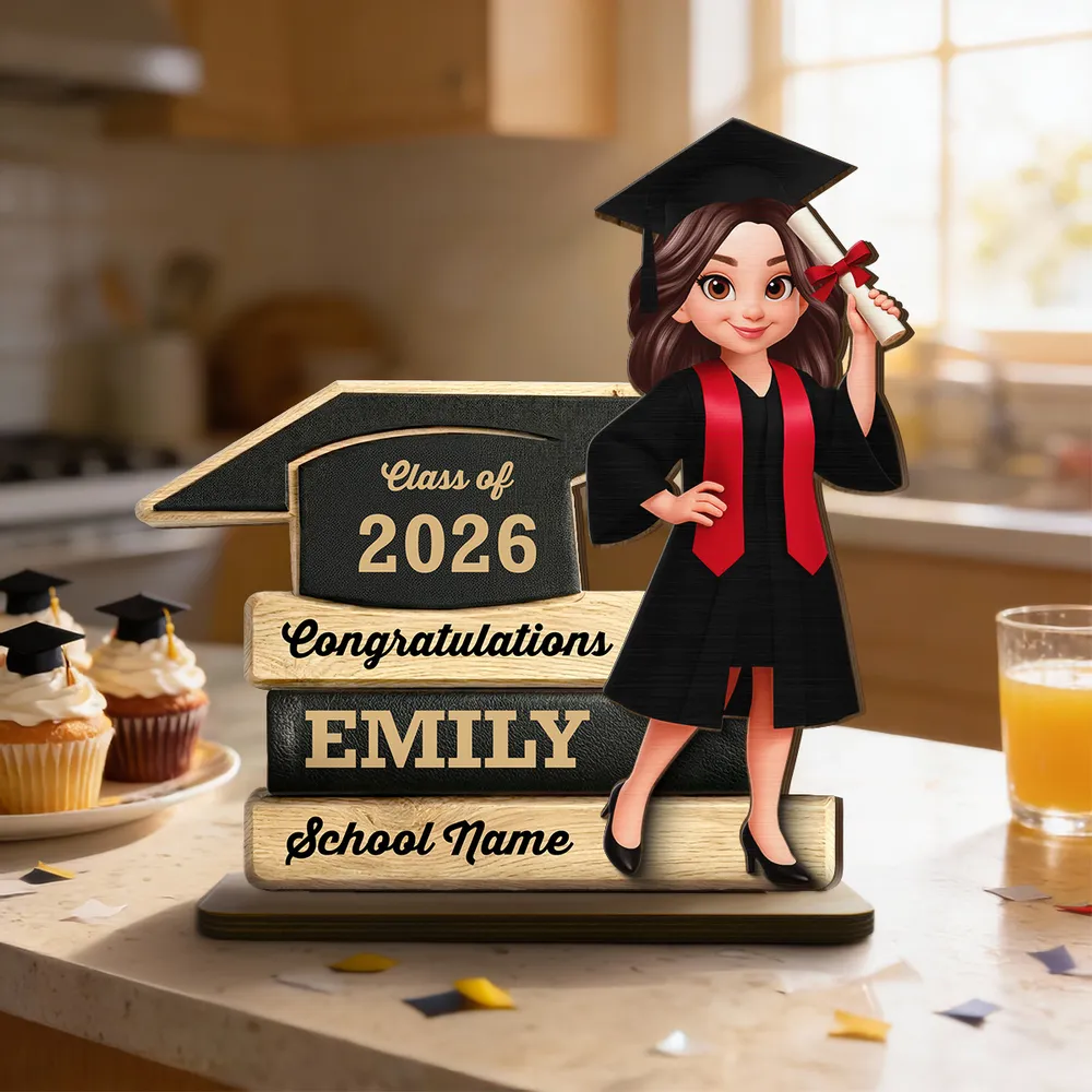 Personalized Graduation 2-Layer Wooden Plaque, Cartoon Grad Holding Diploma, Warm Wood Look, Unique Creative Gift - Image 3