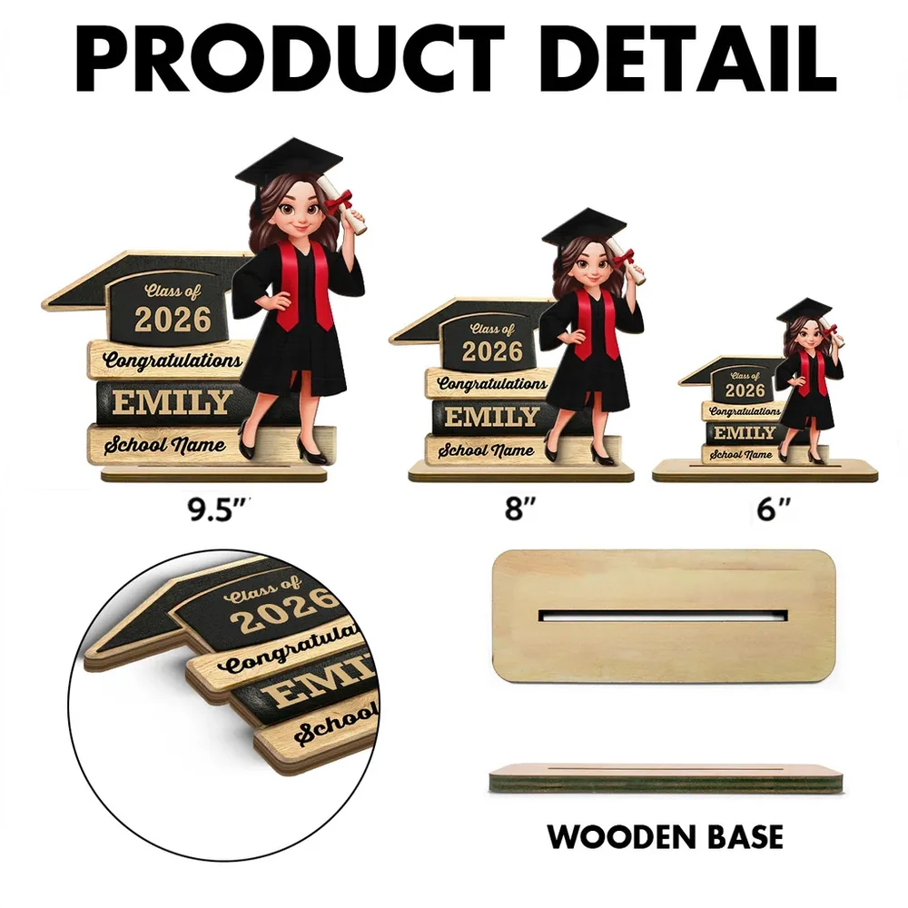Personalized Graduation 2-Layer Wooden Plaque, Cartoon Grad Holding Diploma, Warm Wood Look, Unique Creative Gift - Image 4