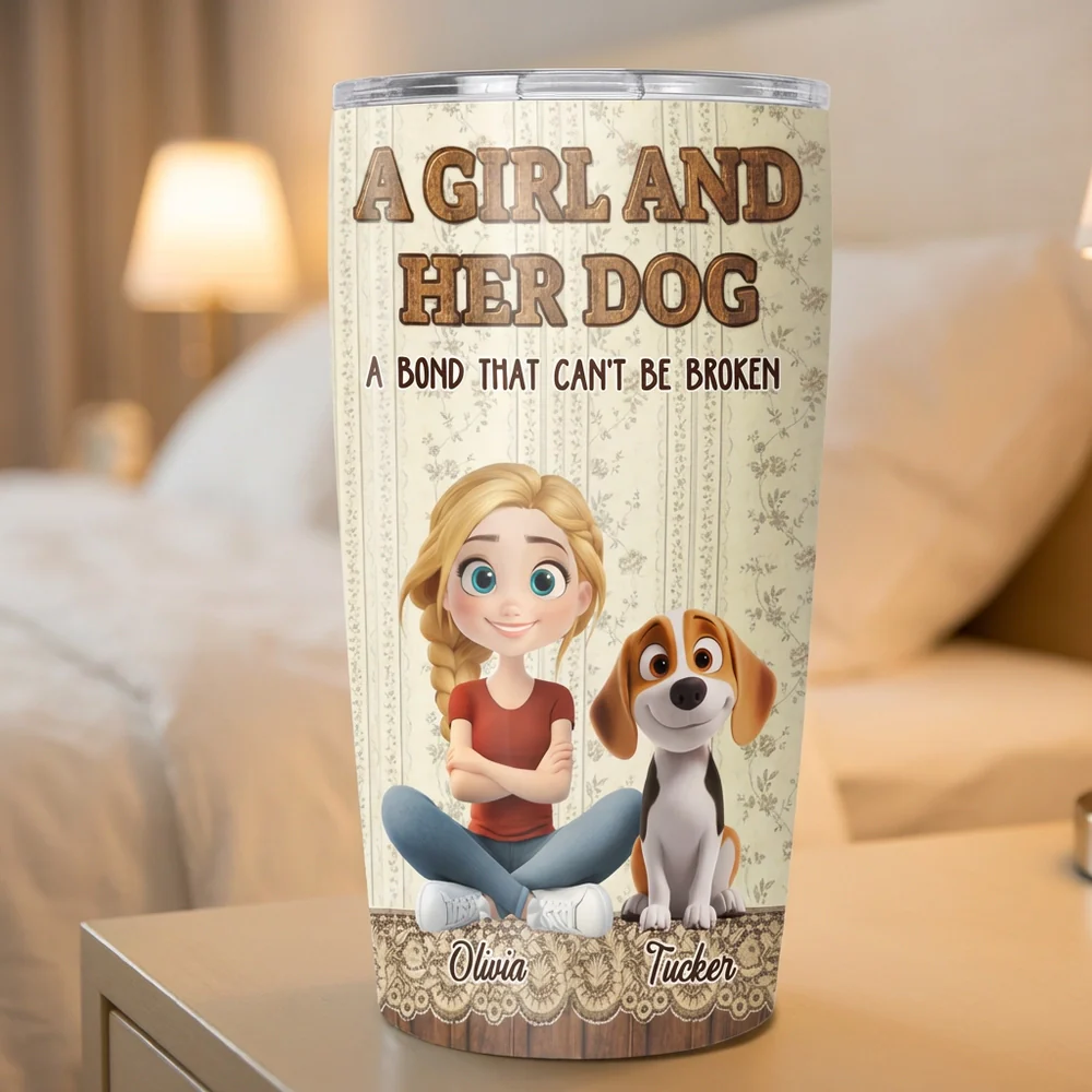 Insulated Travel Tumbler Personalized as a One-of-a-Kind Gift, Cute Girl Sitting with Her Dog, Warm Vintage Style for Daily Coffee