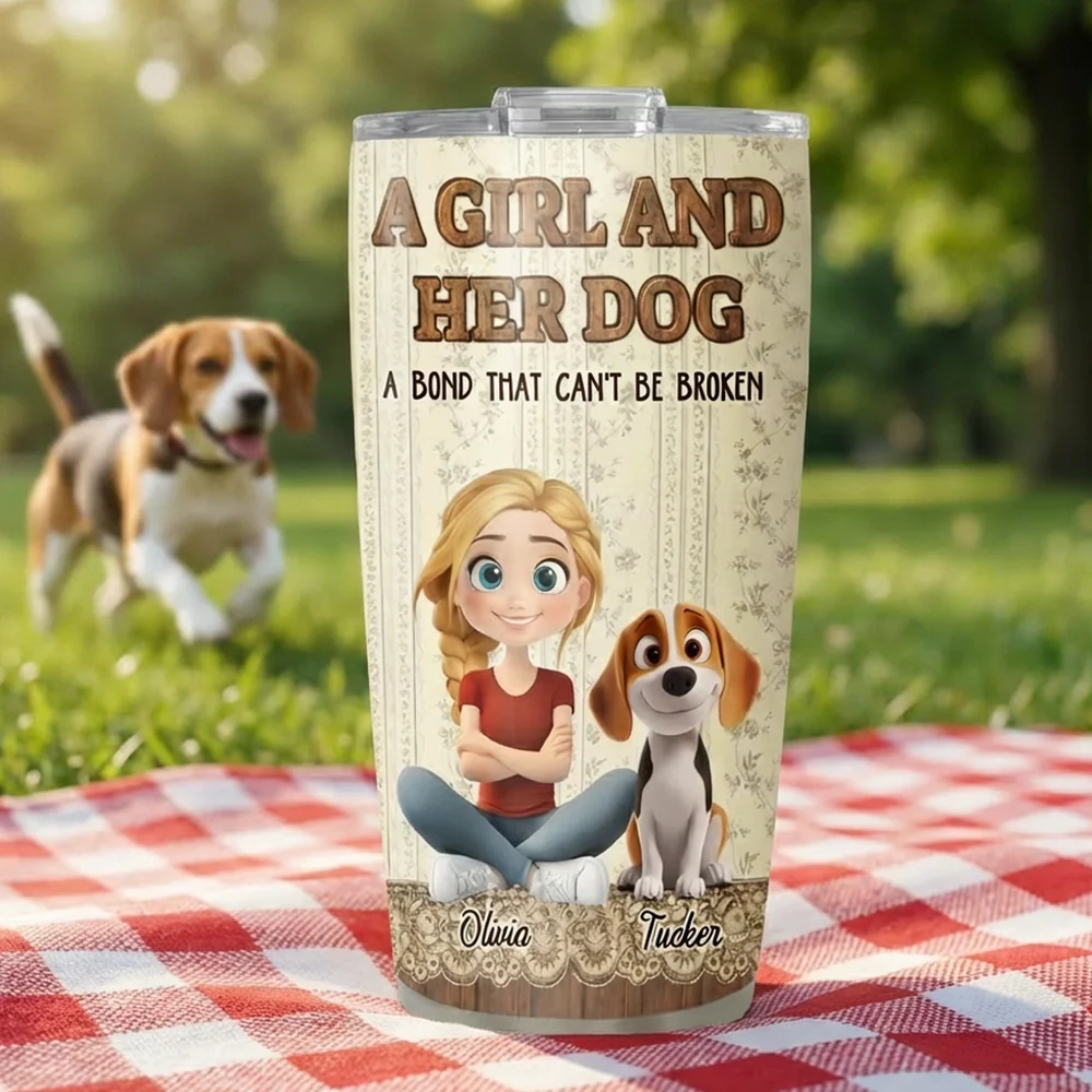 Insulated Travel Tumbler Personalized as a One-of-a-Kind Gift, Cute Girl Sitting with Her Dog, Warm Vintage Style for Daily Coffee - Image 2