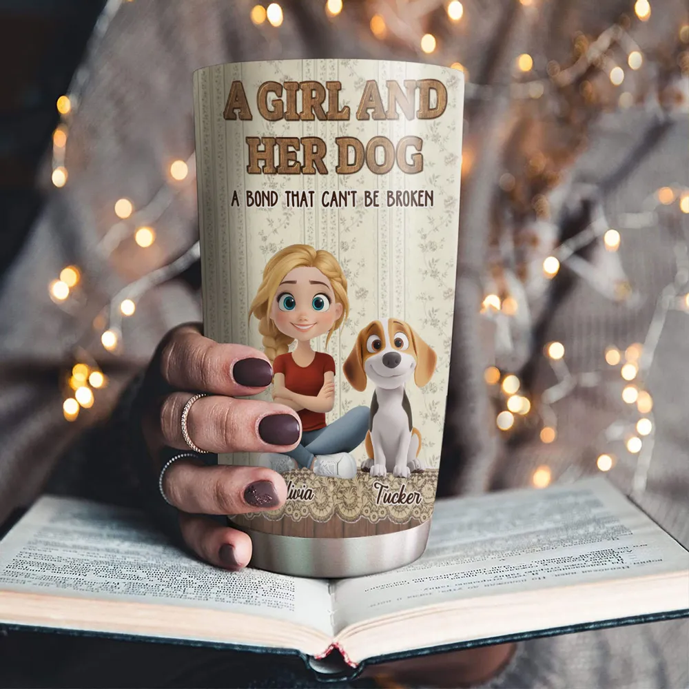 Insulated Travel Tumbler Personalized as a One-of-a-Kind Gift, Cute Girl Sitting with Her Dog, Warm Vintage Style for Daily Coffee - Image 3