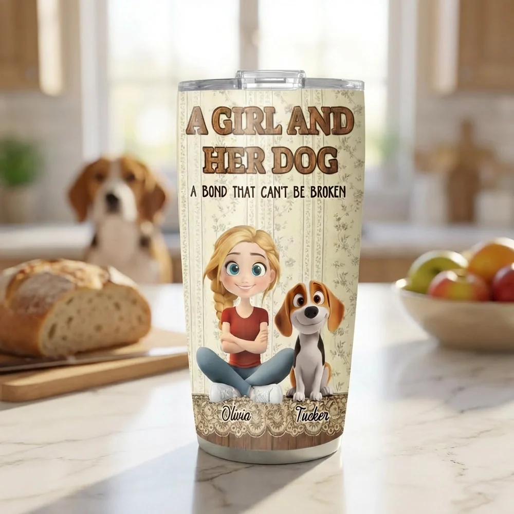 Insulated Travel Tumbler Personalized as a One-of-a-Kind Gift, Cute Girl Sitting with Her Dog, Warm Vintage Style for Daily Coffee - Image 5