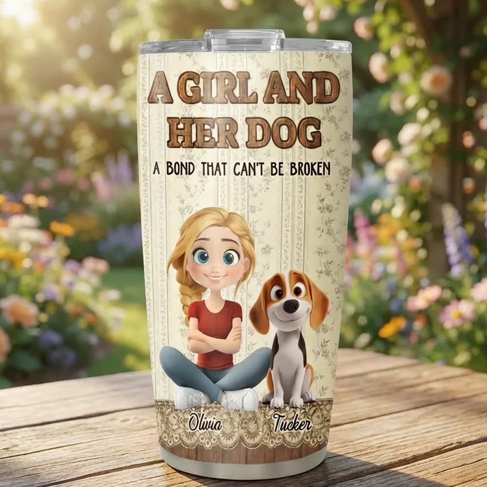Insulated Travel Tumbler Personalized as a One-of-a-Kind Gift, Cute Girl Sitting with Her Dog, Warm Vintage Style for Daily Coffee - Image 6