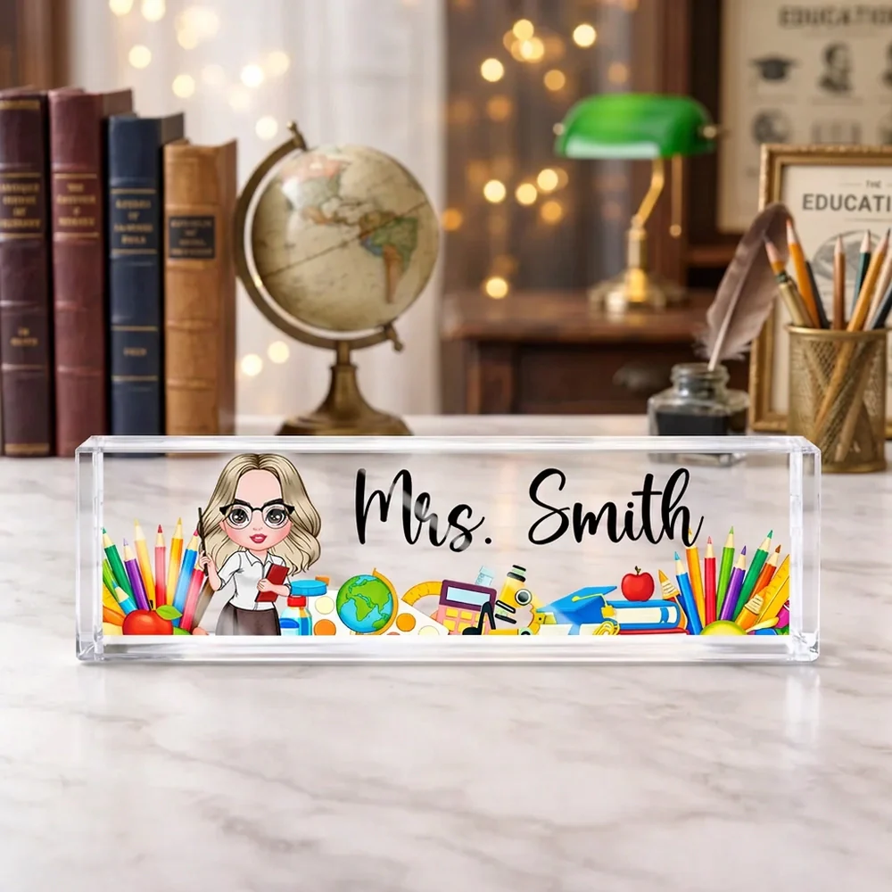 Rectangle Acrylic Block Plaque Personalized for a Teacher, Cute Classroom Desk Decor with Pencils and Books, Thoughtful Gift