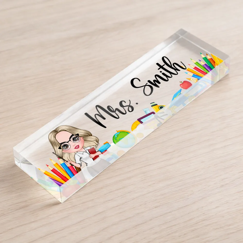 Rectangle Acrylic Block Plaque Personalized for a Teacher, Cute Classroom Desk Decor with Pencils and Books, Thoughtful Gift - Image 4