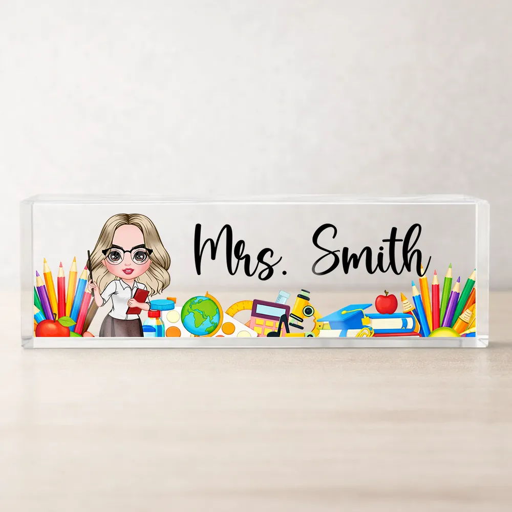 Rectangle Acrylic Block Plaque Personalized for a Teacher, Cute Classroom Desk Decor with Pencils and Books, Thoughtful Gift - Image 5