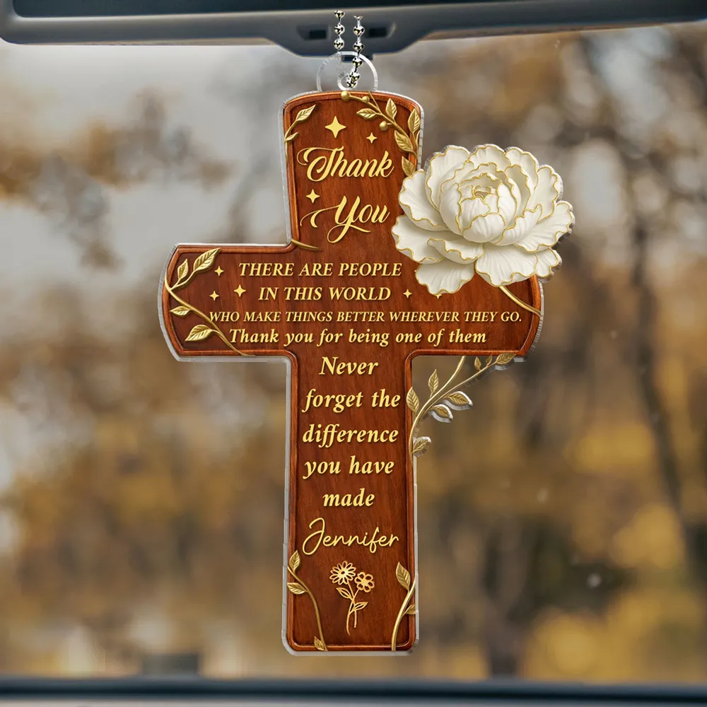Acrylic Car Hanger Gratitude Cross With Flowers, Personalized Thank You Keepsake, Unique Appreciation Gift - Image 4