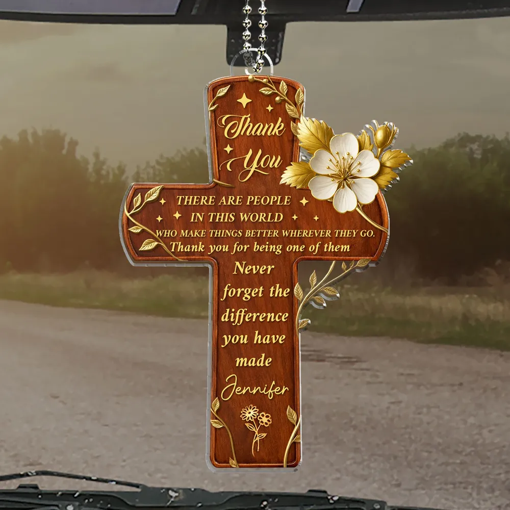 Acrylic Car Hanger Gratitude Cross With Flowers, Personalized Thank You Keepsake, Unique Appreciation Gift - Image 5