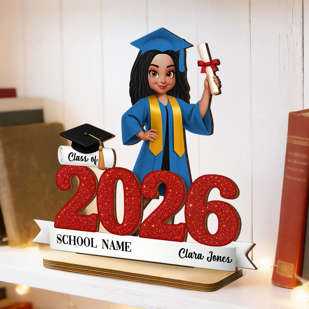 Custom Class Celebration 2-Layer Wooden Plaque, Cute Graduate Figure and Glitter Year Sign, Heartfelt Gift for Grad - Image 3