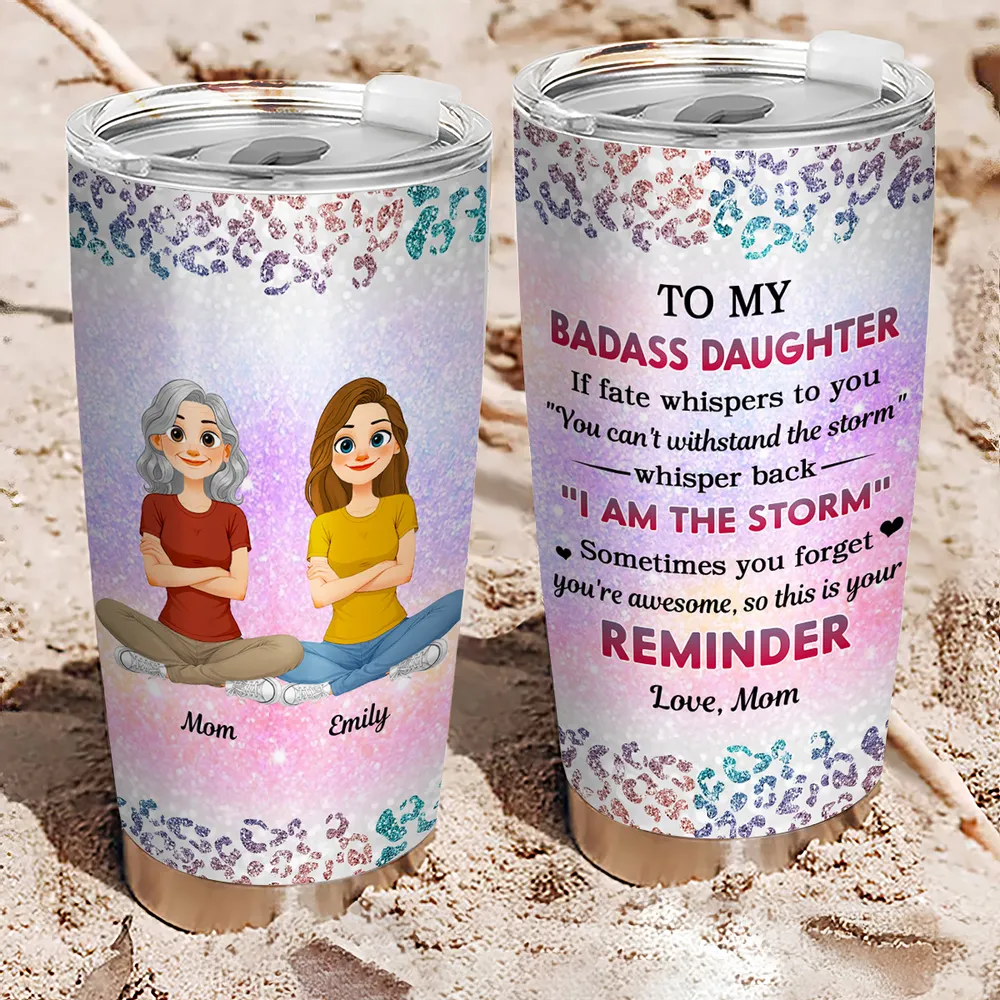 Personalized Insulated Travel Tumbler with Cute Cartoon Mom and Daughter - Unique Gift for Her, Bright Leopard Glitter Style - Image 6