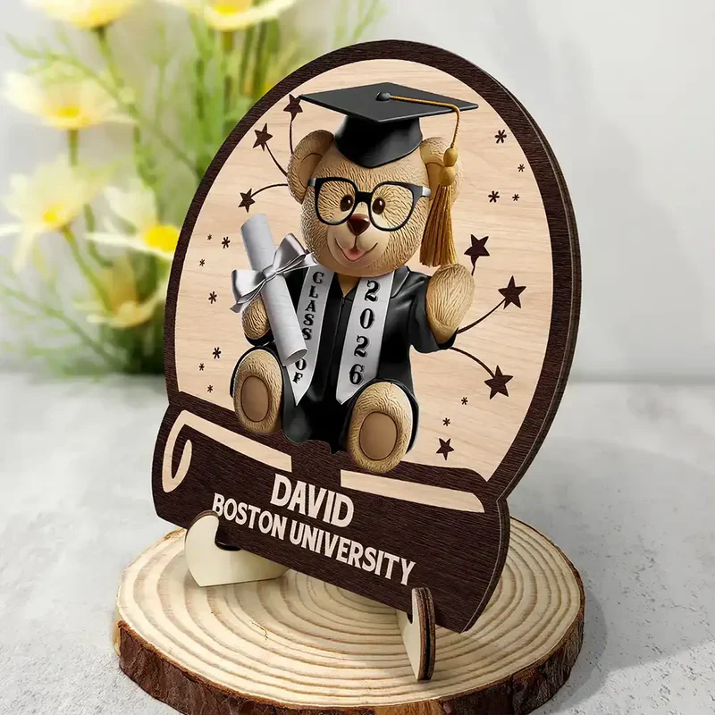 Custom Graduation Bear 2-Layer Wooden Plaque for Nursery or Living Room Display, Sweet Congrats Keepsake, Thoughtful Gift - Image 2