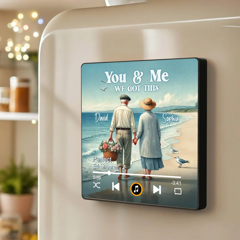 Personalized Acrylic Music Magnet 'You & Me We Got This' Couple Walking on the Beach Fridge Decor Unique Gift for Wife or Husband - Image 2