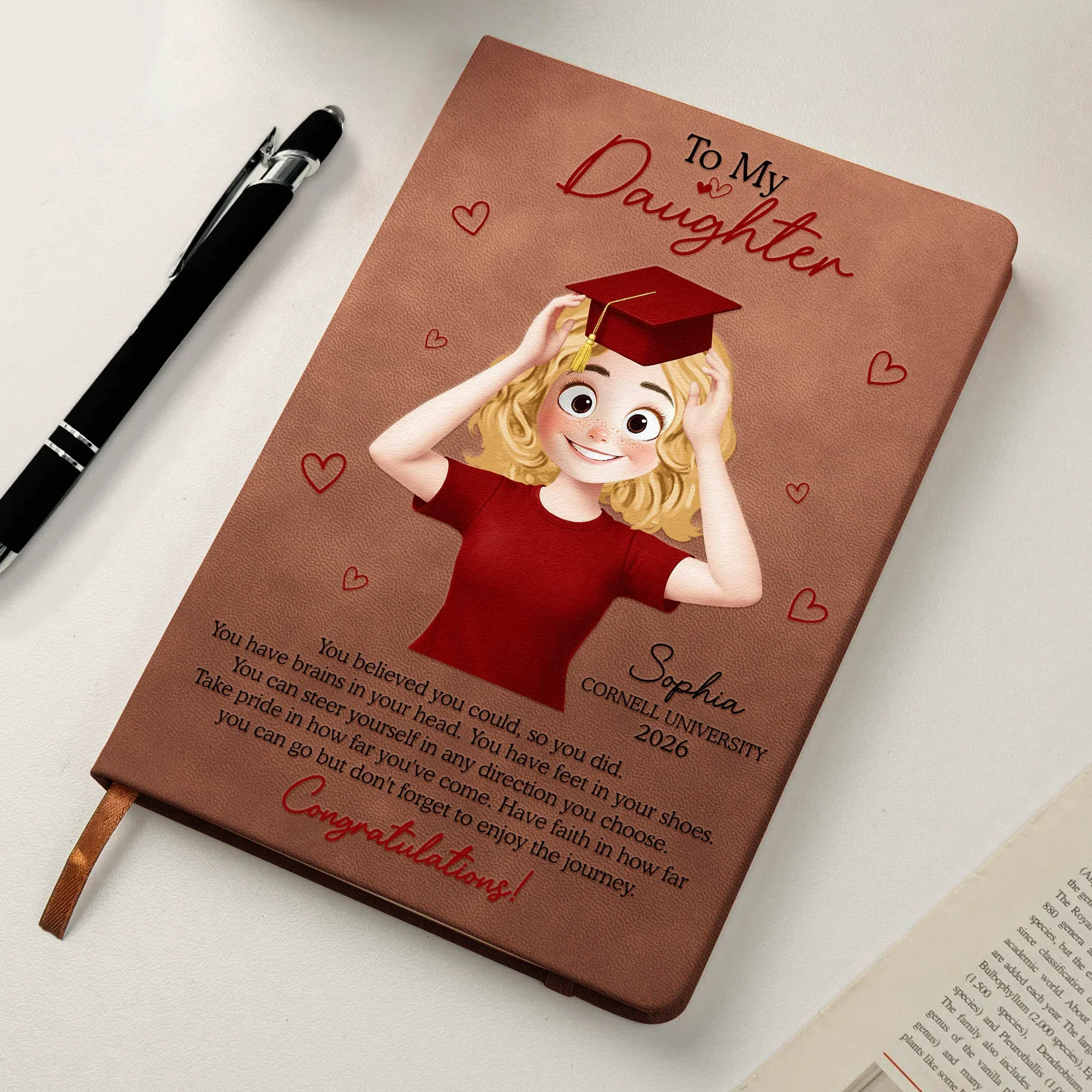 To My Daughter Graduation Leather Journal, Personalized Congrats Message with Heart Accents, Meaningful Unique Gift for Her - Image 6