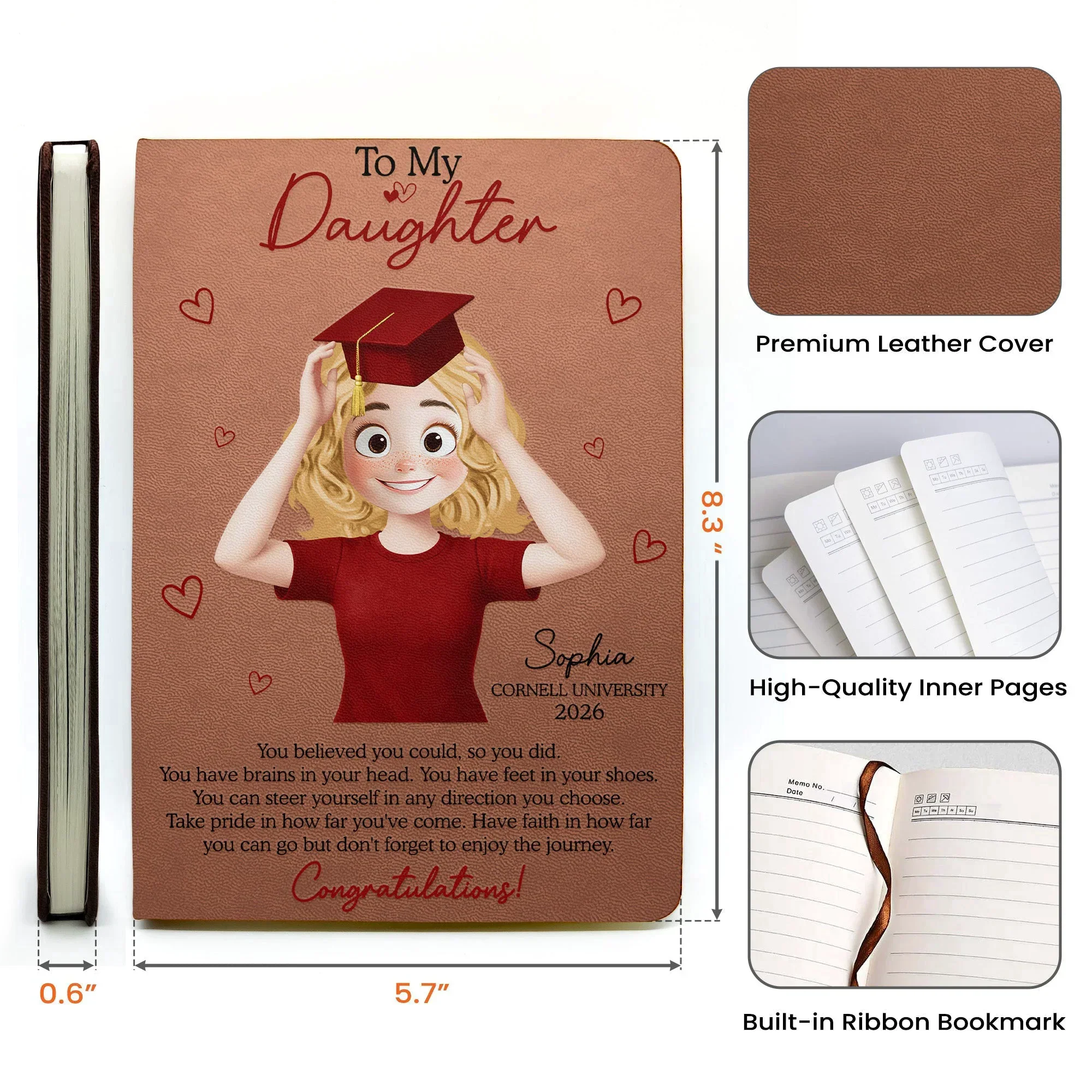 To My Daughter Graduation Leather Journal, Personalized Congrats Message with Heart Accents, Meaningful Unique Gift for Her - Image 7