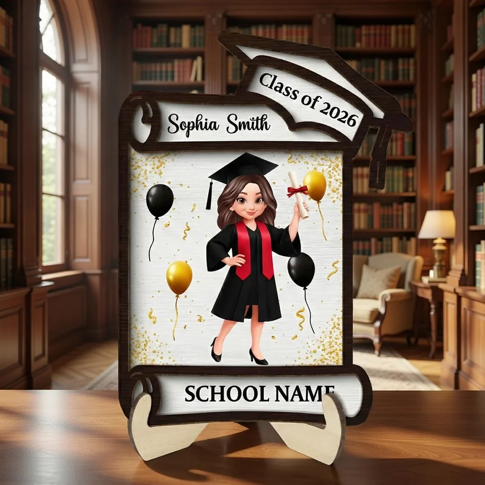 Class of Graduation 2-Layer Wooden Plaque Personalized Keepsake With Cap And Balloons For Desk Or Shelf Heartfelt Gift
