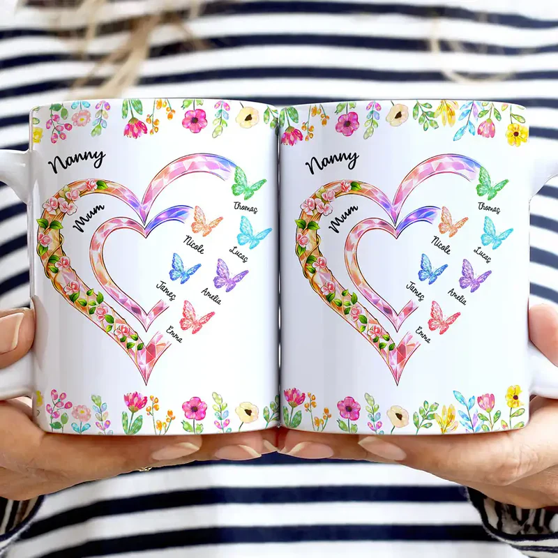Personalized Ceramic Mug with Crystal Heart for Grandma & Mom, Butterfly Floral Design, Unique Family Gift for Daily Coffee - Image 3