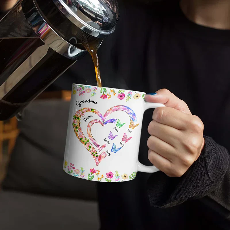 Personalized Ceramic Mug with Crystal Heart for Grandma & Mom, Butterfly Floral Design, Unique Family Gift for Daily Coffee - Image 5