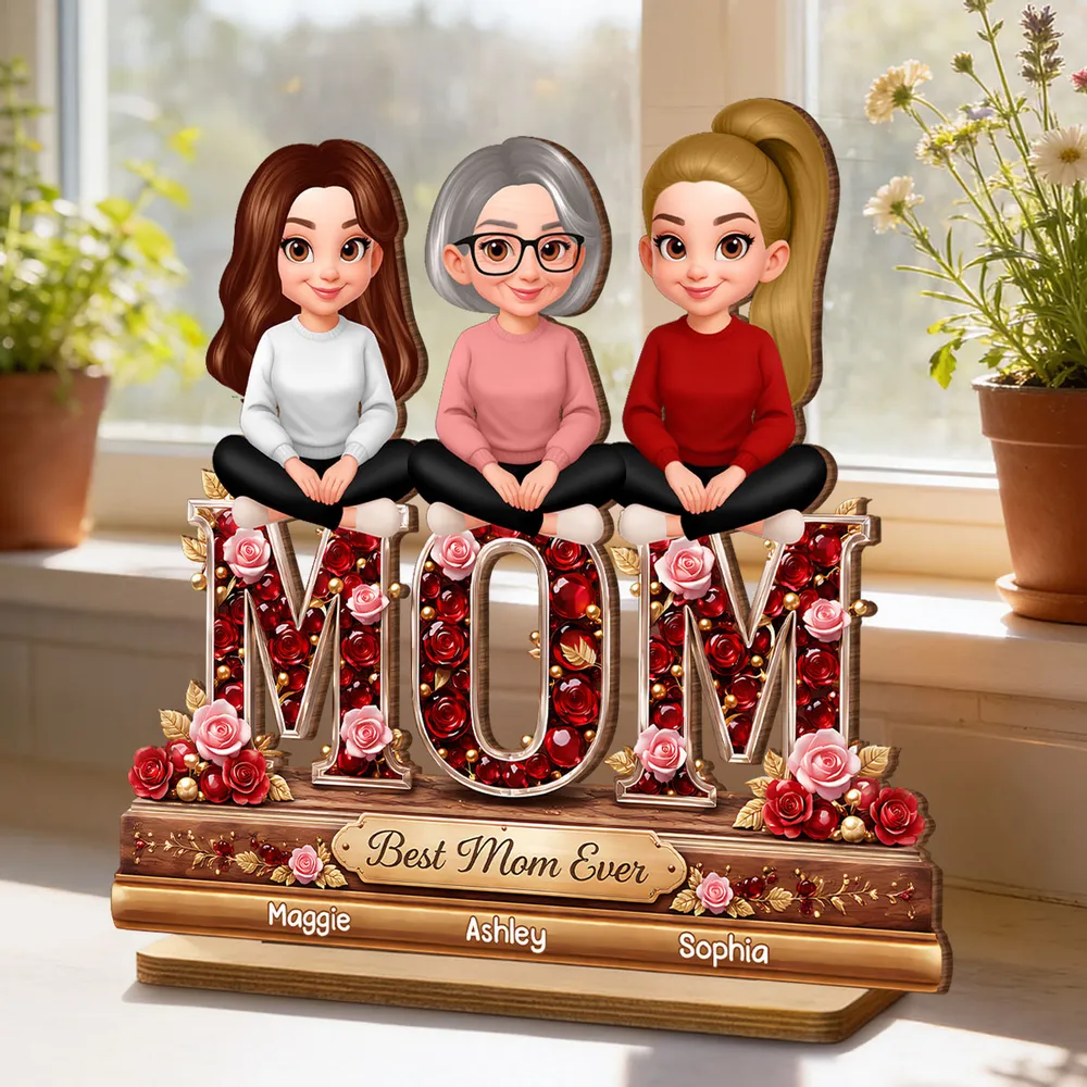 Personalized 2-Layer Wooden Plaque Mom with Daughters Sitting on MOM Roses Best Mom Ever Unique Gift for Mom or Grandma - Image 7