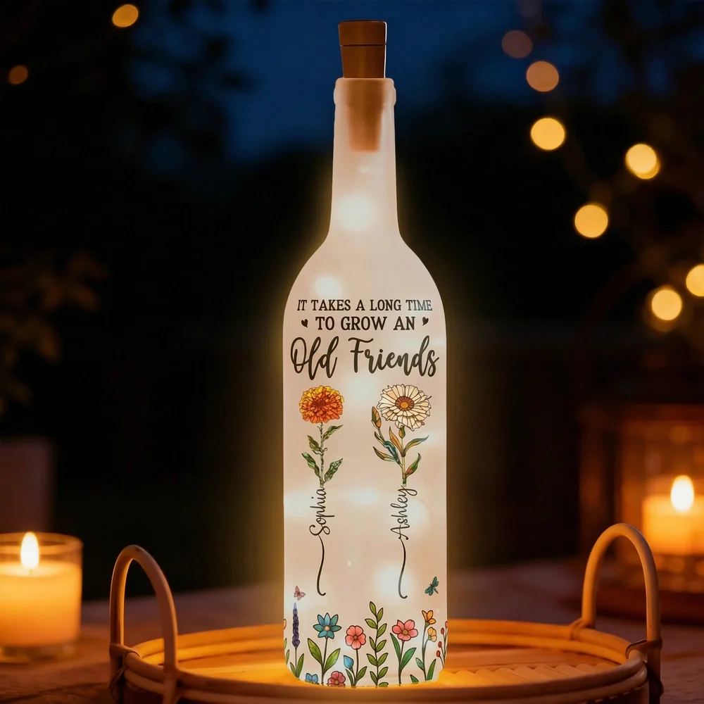 Personalized Bottle Lamp with Old Friends Quote and Floral Design, Cozy Bedroom Decor, Unique Gift for Best Friend