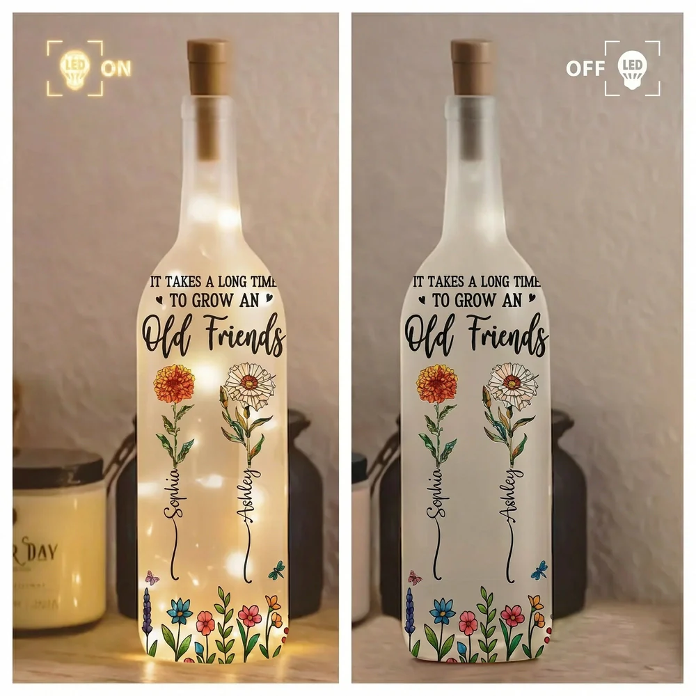 Personalized Bottle Lamp with Old Friends Quote and Floral Design, Cozy Bedroom Decor, Unique Gift for Best Friend - Image 3