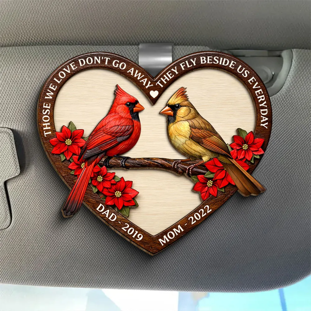 Personalized 2-Layer Wooden Car Visor Clip with Memorial Cardinal in Heart Frame, Unique Sympathy Gift for Loved One - Image 2