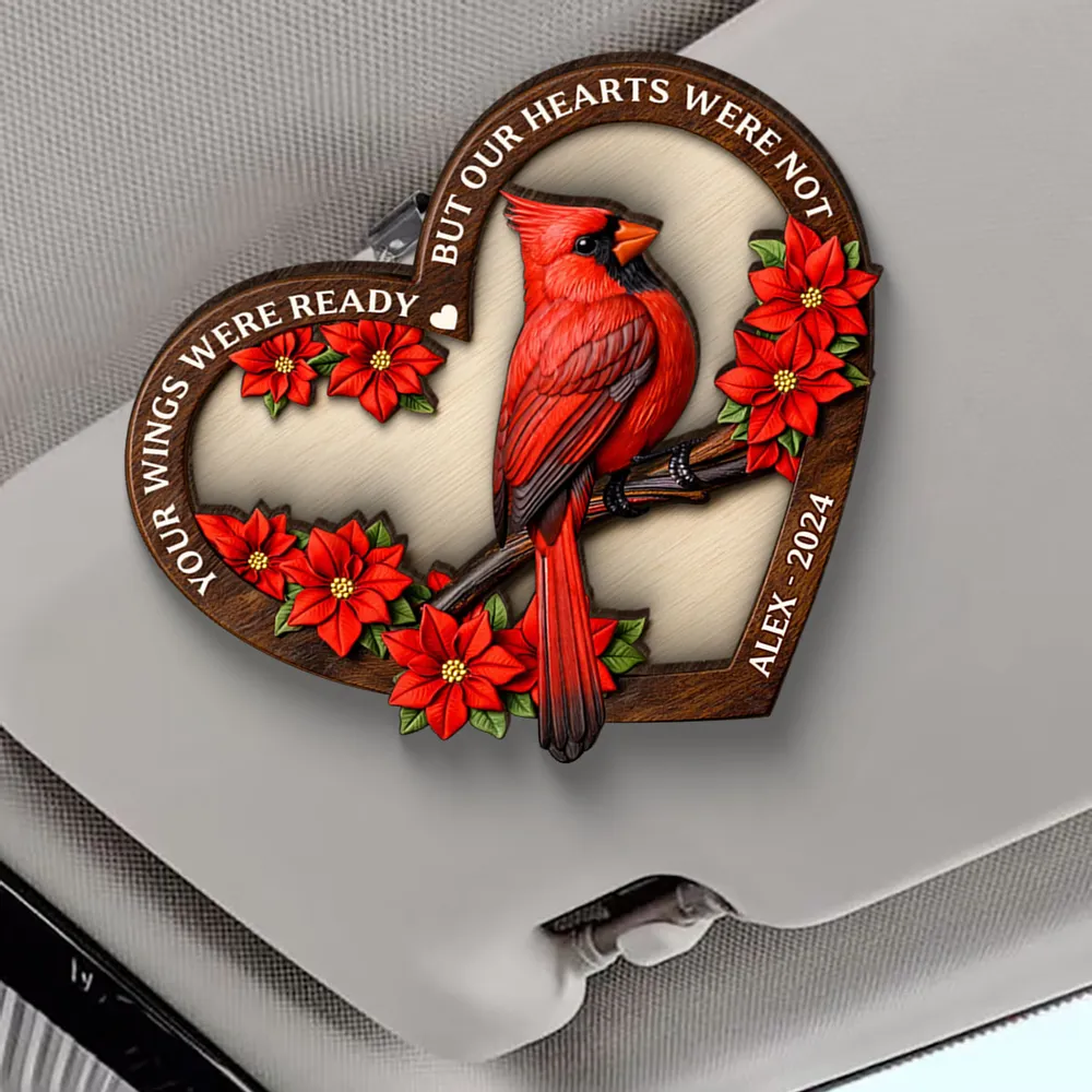 Personalized 2-Layer Wooden Car Visor Clip with Memorial Cardinal in Heart Frame, Unique Sympathy Gift for Loved One - Image 3