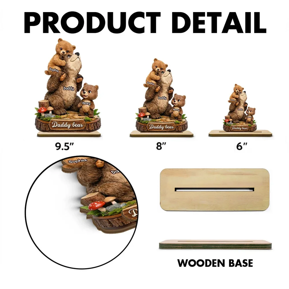 Personalized Papa Bear 2-Layer Wooden Plaque, Cute Bear Family Hugging Scene, Unique Father's Day Gift for Dad or Grandpa - Image 4