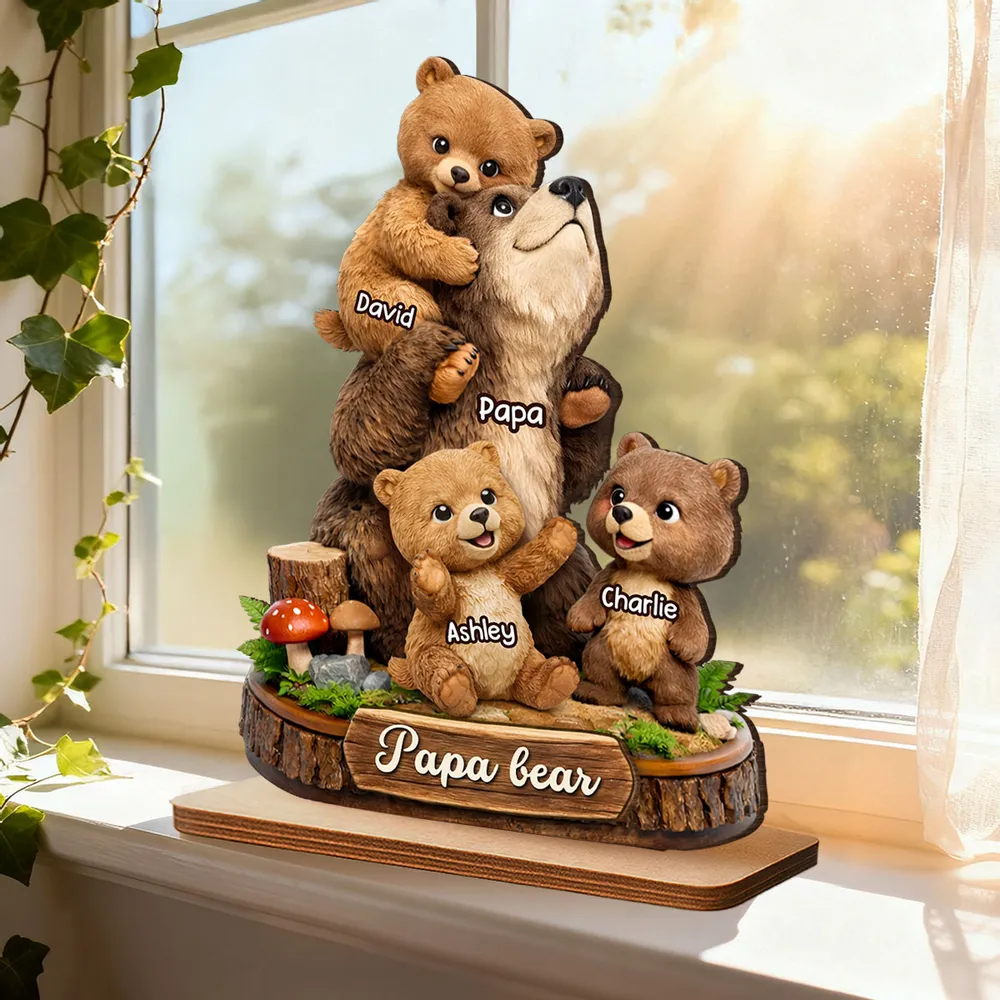 Personalized Papa Bear 2-Layer Wooden Plaque, Cute Bear Family Hugging Scene, Unique Father's Day Gift for Dad or Grandpa - Image 6