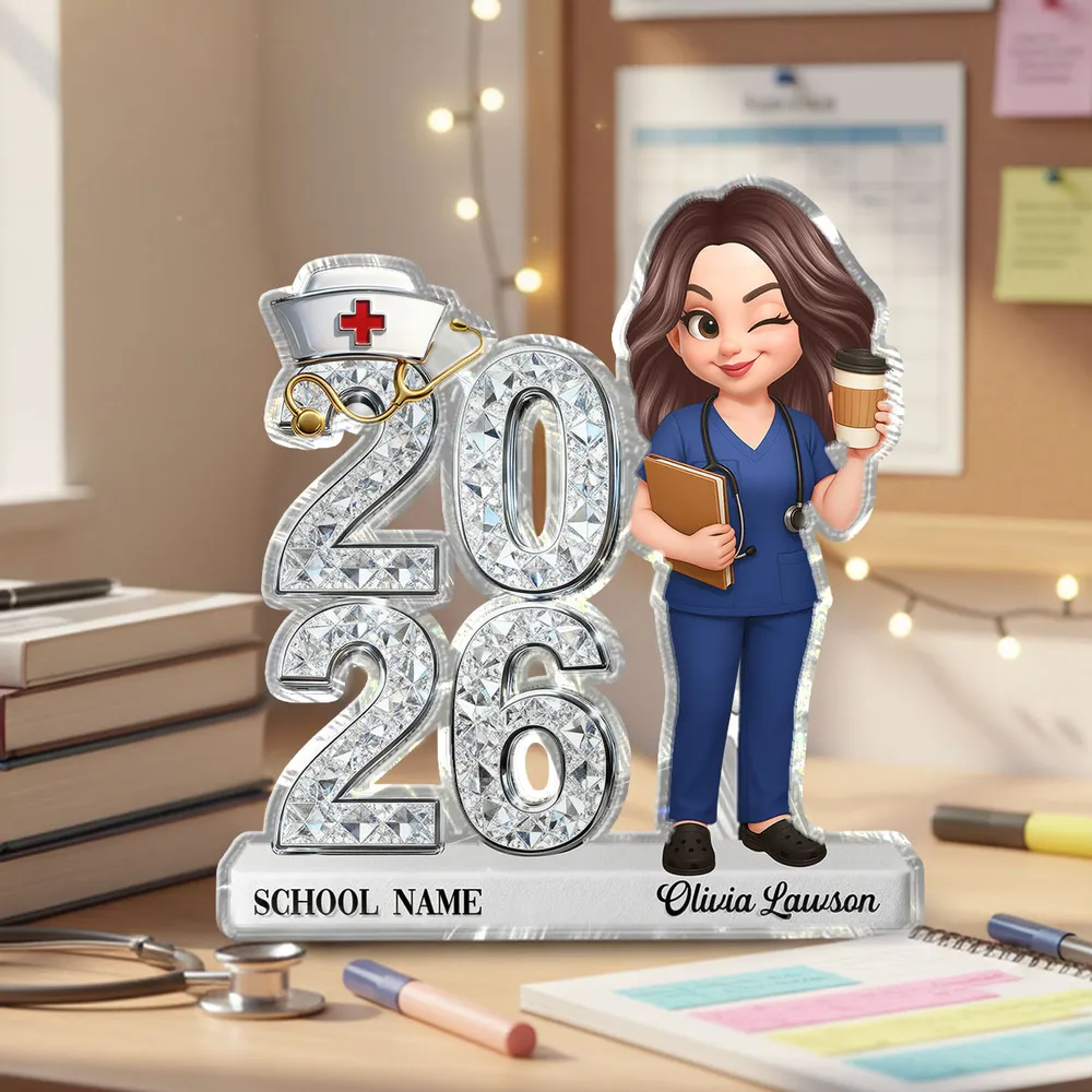 Personalized Shaped Acrylic Block Plaque for Nursing Graduation Class Gift, Cute Nurse Holding Coffee Keepsake - Image 3
