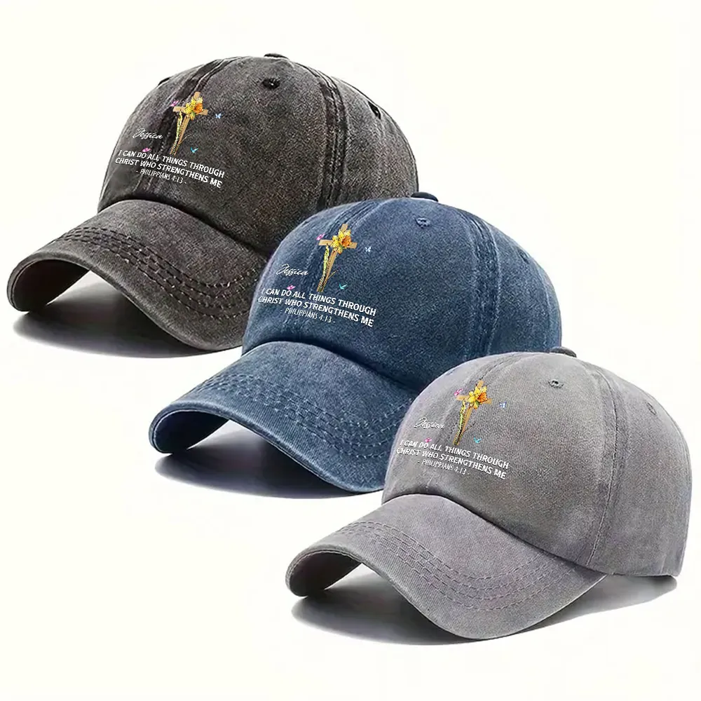 Personalized Washed Denim Baseball Cap With Faith Quote And Floral Cross Vintage Look Unique Christian Gift - Image 2
