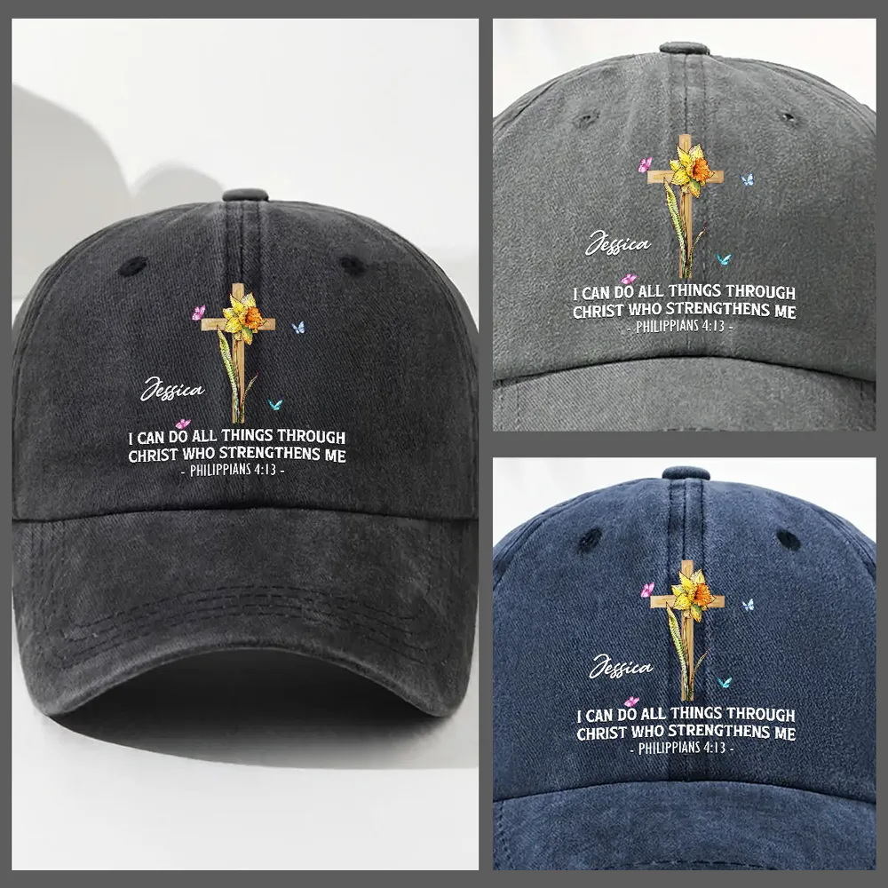 Personalized Washed Denim Baseball Cap With Faith Quote And Floral Cross Vintage Look Unique Christian Gift - Image 3