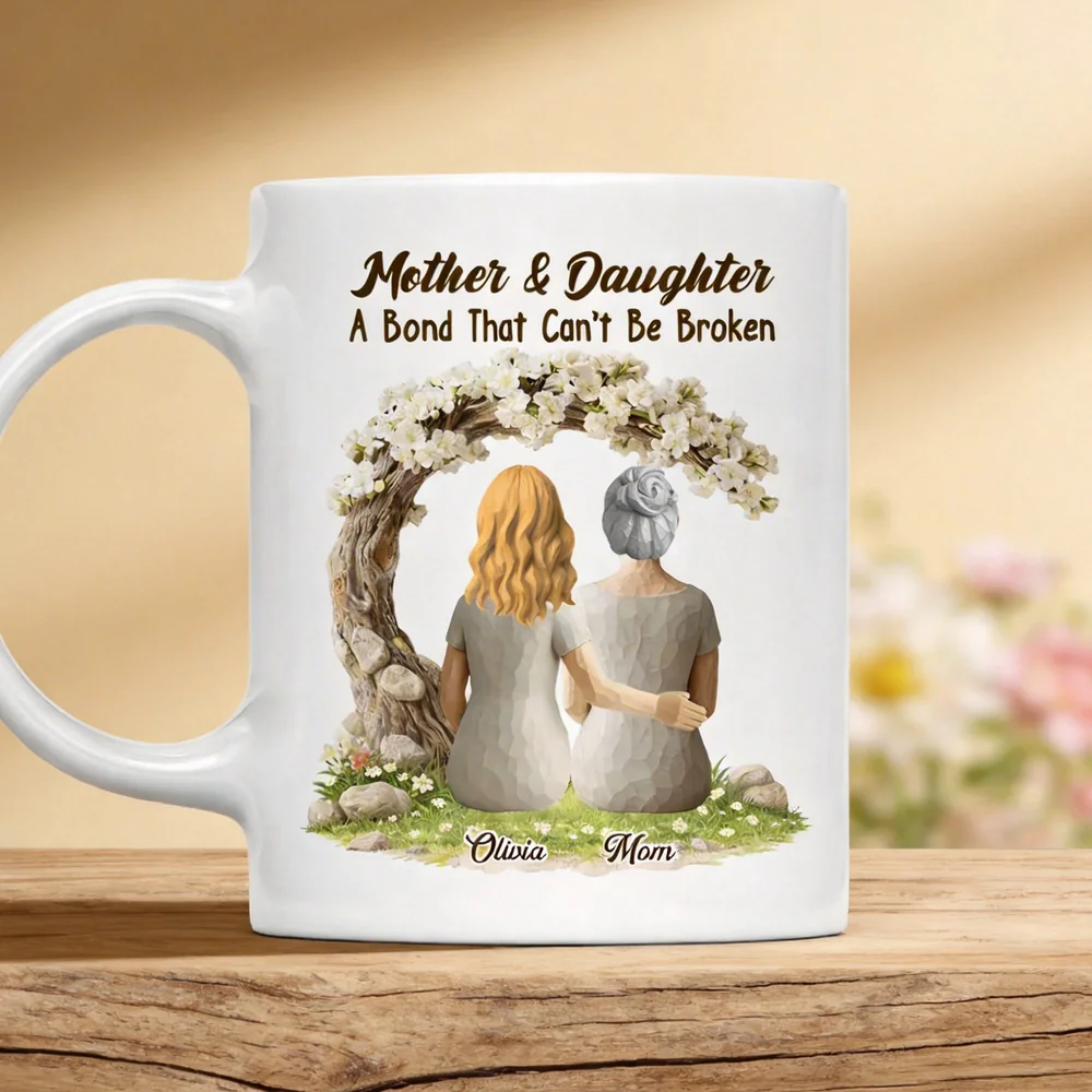 Personalized Mother & Daughter White Ceramic Mug with Back View Hug Under Blossom Tree, Unique Mother's Day Gift