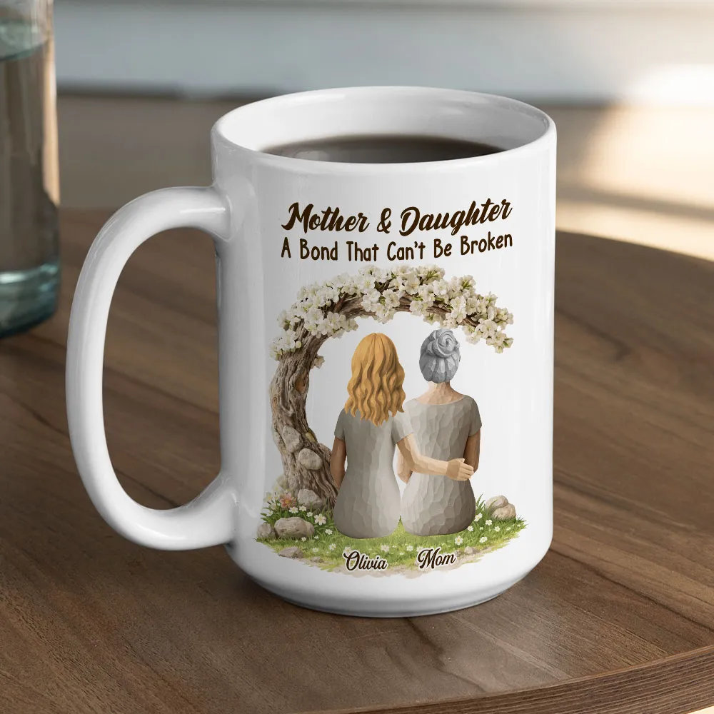 Personalized Mother & Daughter White Ceramic Mug with Back View Hug Under Blossom Tree, Unique Mother's Day Gift - Image 2