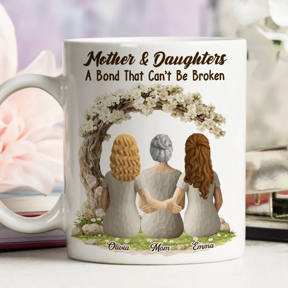 Personalized Mother & Daughter White Ceramic Mug with Back View Hug Under Blossom Tree, Unique Mother's Day Gift - Image 6