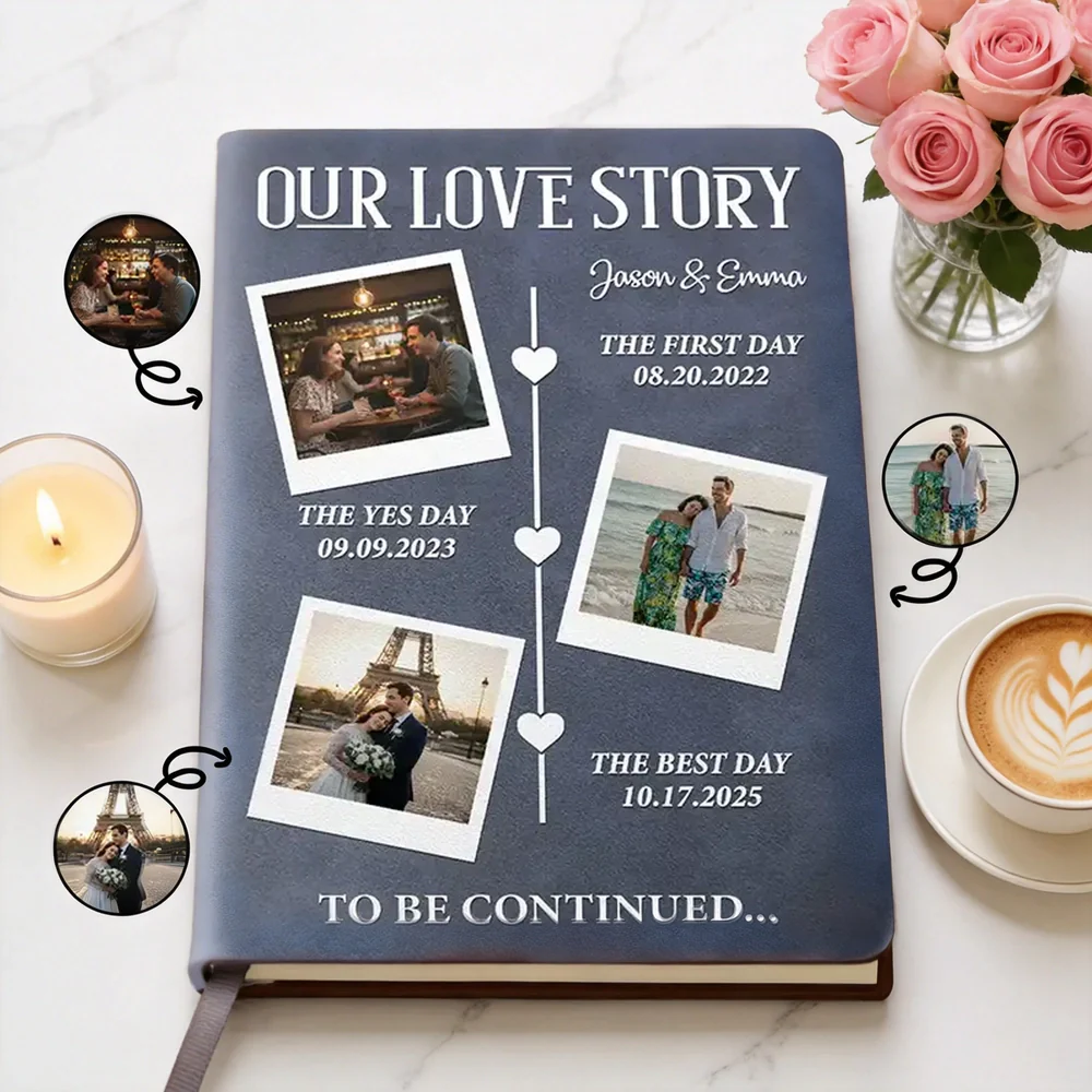 Personalized Leather Journal Our Love Story Photo Timeline for Couple - Unique Romantic Gift for Anniversary or Wedding
