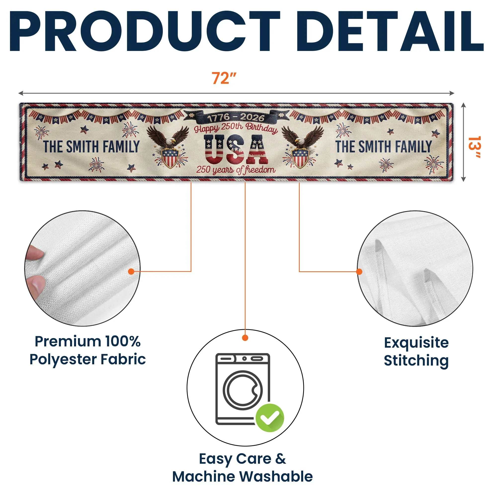 Personalized USA 250th Anniversary Table Runner with Patriotic Eagles & Fireworks - Unique Creative Gift for Family Hosts - Image 6