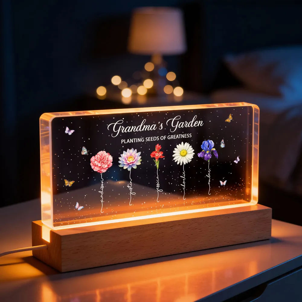 Grandma's Garden Block LED Light Plaque, Personalized Keepsake Lamp with Warm Glow, Thoughtful Gift for Grandma and Family