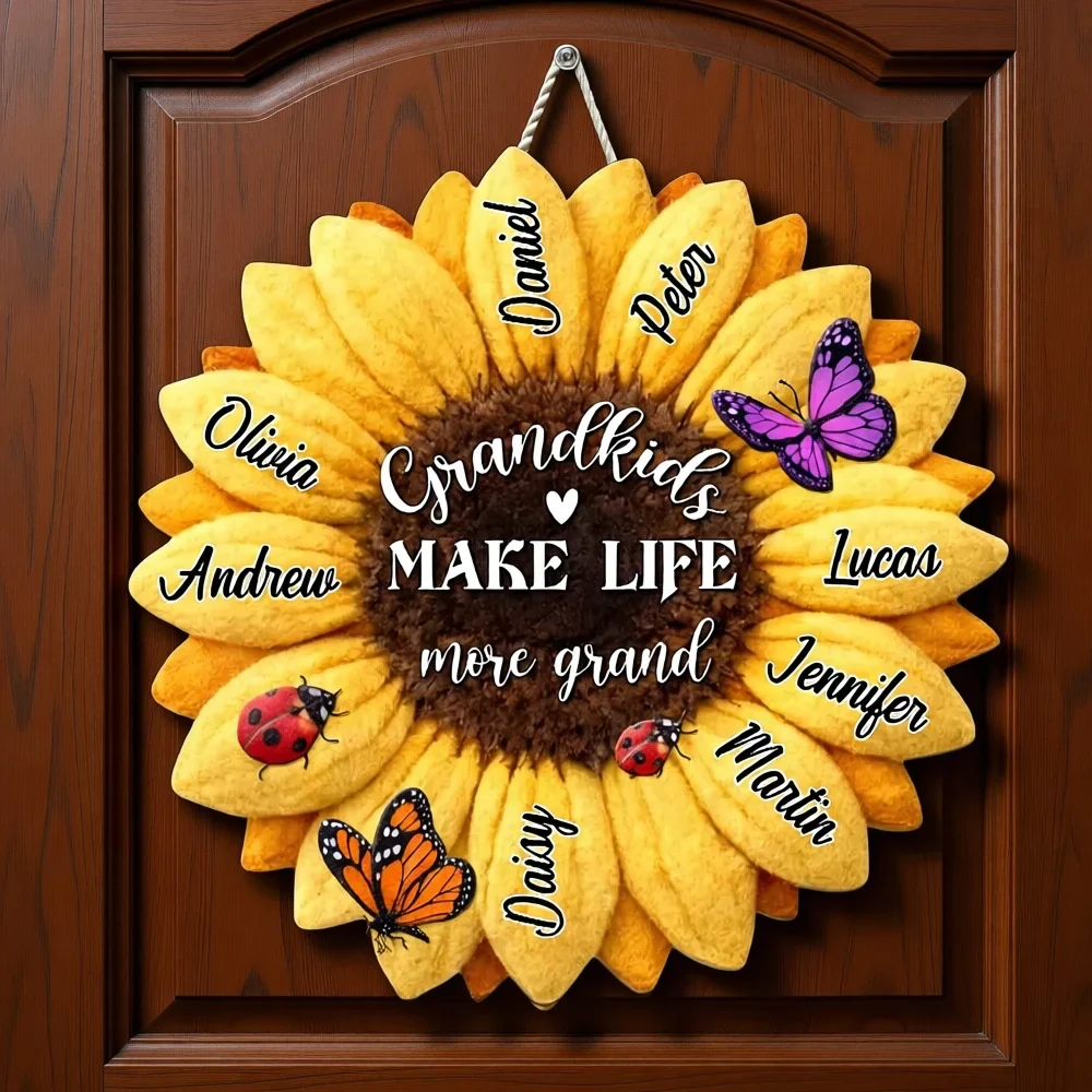 Grandkids Make Life More Grand Wooden Sign Personalized Sunflower With Butterflies Sweet Home Accent Gift for Grandparents - Image 3