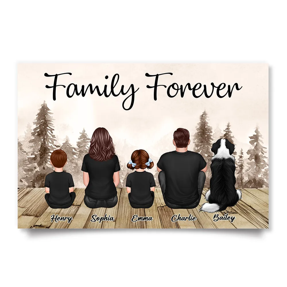 Custom Family Poster, Cozy Woodland Scene with Back View Parents Kids and Pet, Heartfelt Home Decor Unique Gift - Image 2