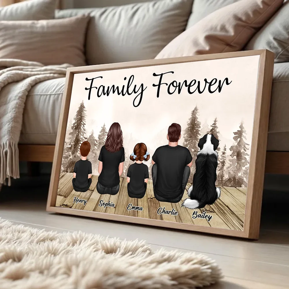 Custom Family Poster, Cozy Woodland Scene with Back View Parents Kids and Pet, Heartfelt Home Decor Unique Gift - Image 3
